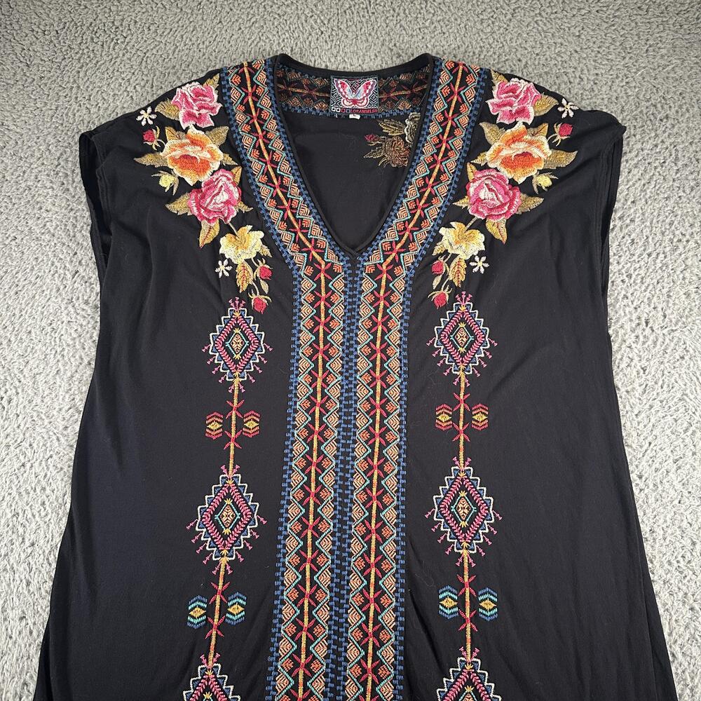 Johnny Was Tunic Dress Womens L Black Embroidered Boho Shift V-Neck Knee Length - Picture 2 of 10